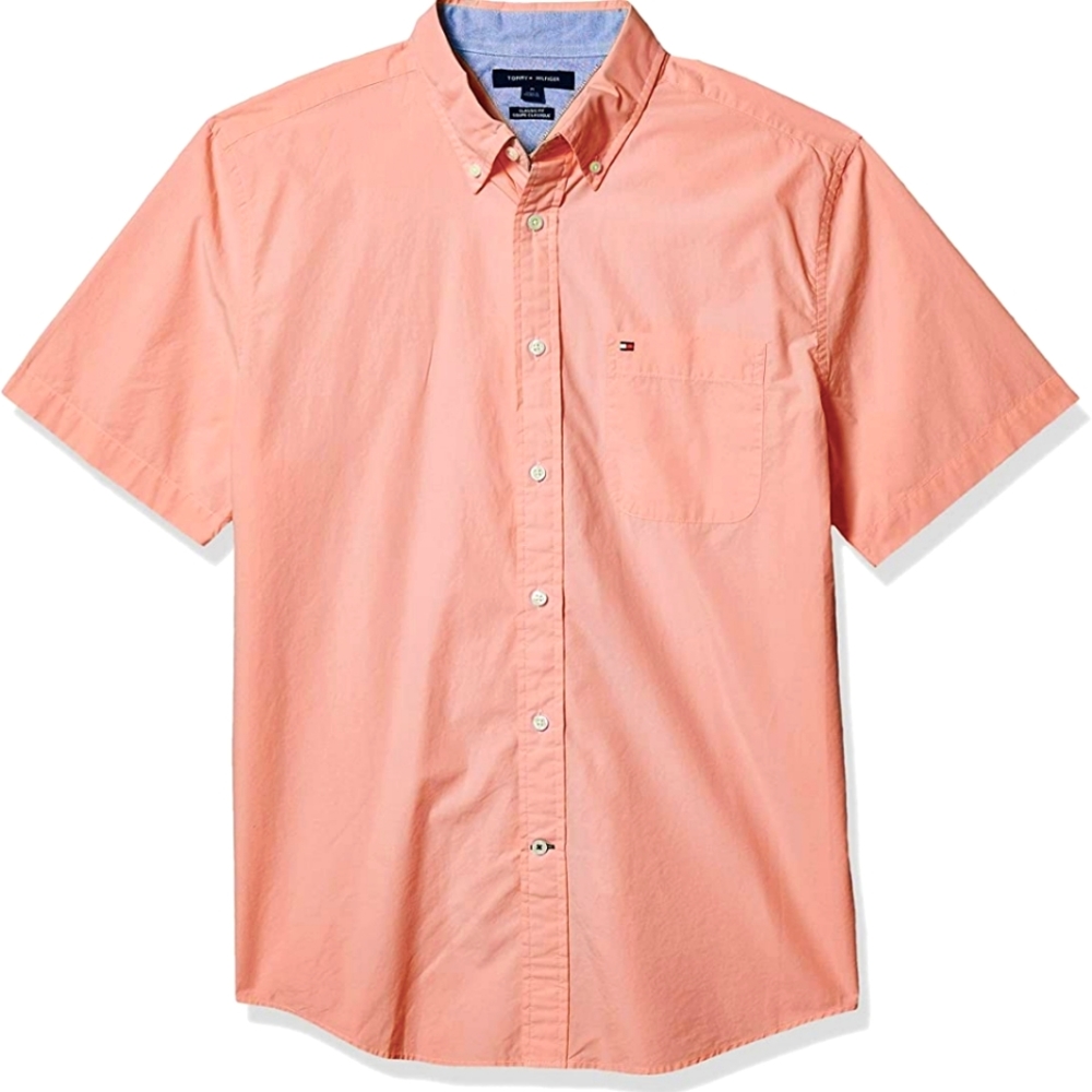 NWT Tommy Hilfiger Men's XL Pink/Salmon Short Sleeve Casual Button-Down Shirt